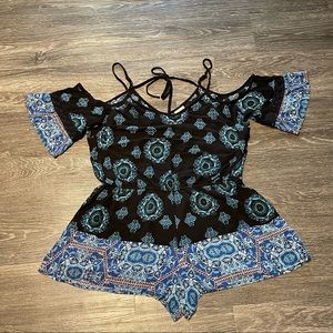 Open Shoulder Romper with Adjustable Spaghetti Straps and Short Sleeves